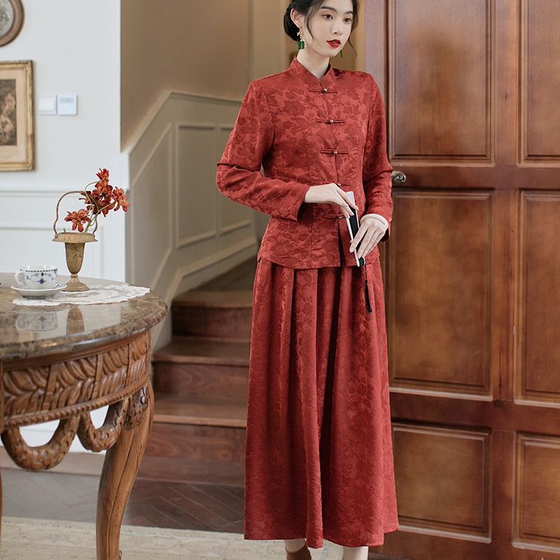 High-End New Chinese Wedding Dress Long-Sleeved Long Skirt Suit for Wedding Engagement Banquet Red Bride Toast Suit