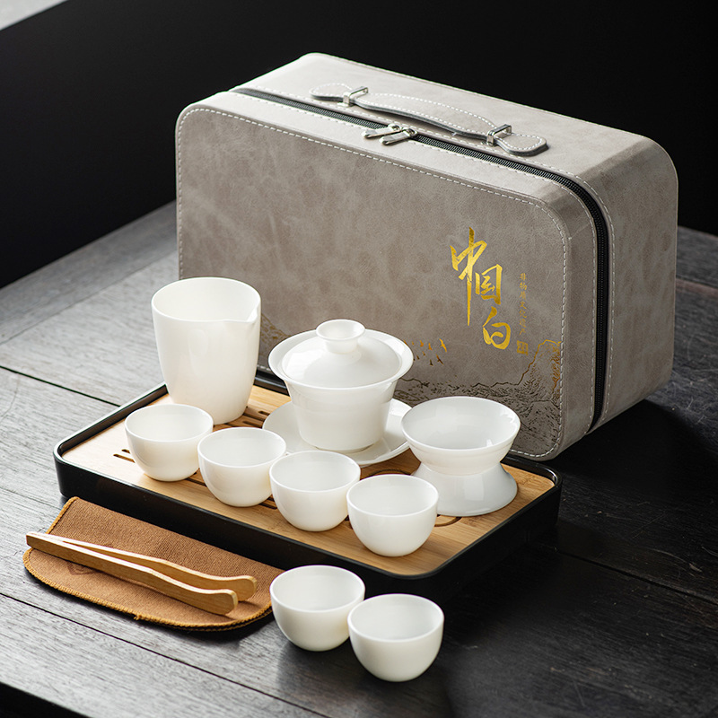 White Porcelain Tea Set, Complete Set of Kung Fu Tea Utensils, Gaiwan, Teacups, Jade-Colored Travel Tea Set, Holiday Gifts, Souvenirs White Porcelain Tea Set, Complete Set of Kung Fu Tea Utensils, Gaiwan, Teacups, Jade-Colored Travel Tea Set, Holiday Gifts, Souvenirs