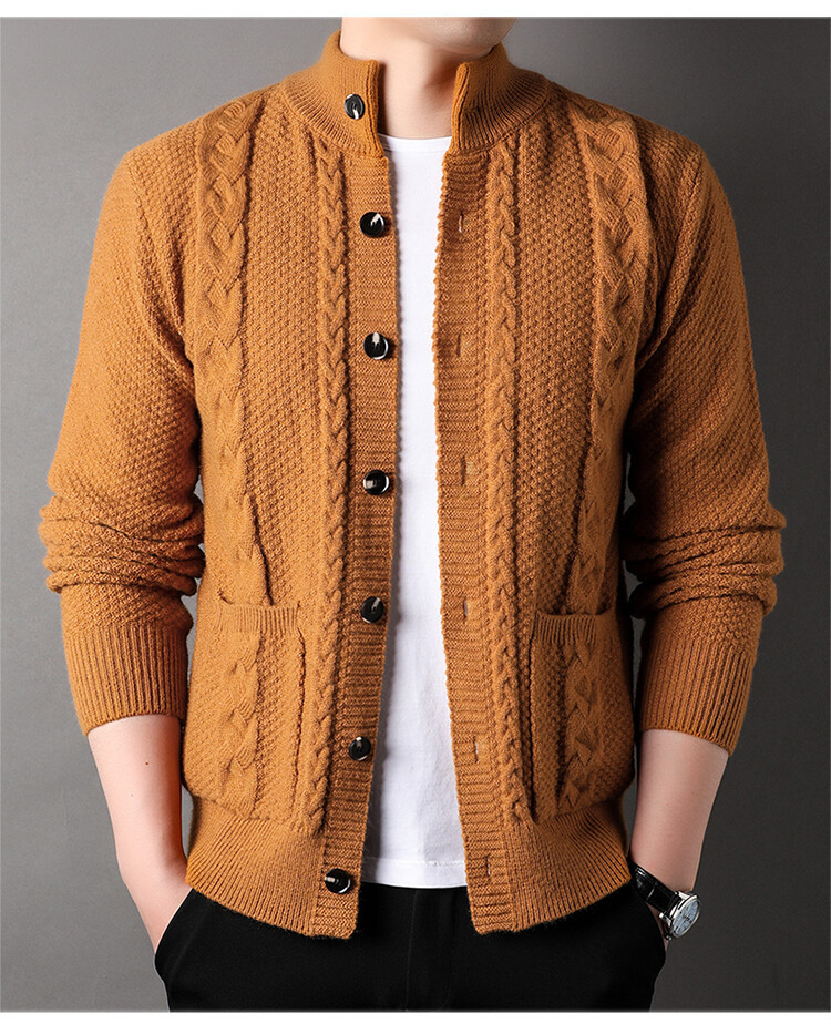 Nuevo hombre de mediana edad de tendencia de invierno y otoño camiseta de punto de color sólido Jacquard botón Cardigan chaqueta aguja gruesa suéter casual