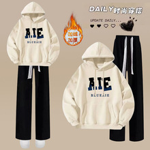 跨境外贸2025秋冬新款加绒加厚套装学生休闲连帽卫衣少女两件套装