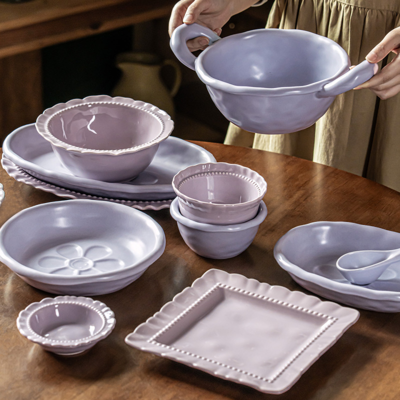 Purple Bowl and Plate Set, High-Quality Ceramic Tableware, Plates for Home Use, Rice Bowls, Dinner Plates, Daily Kitchenware, Housewarming Gift Bowls Purple Bowl and Plate Set, High-Quality Ceramic Tableware, Plates for Home Use, Rice Bowls, Dinner Plates, Daily Kitchenware, Housewarming Gift Bowls