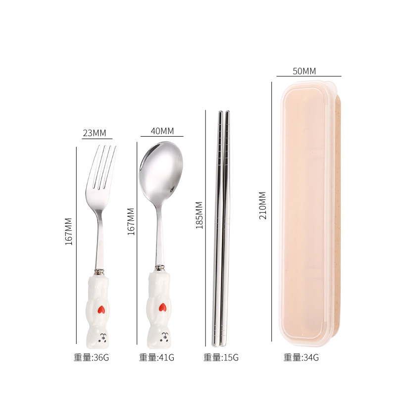 Corea del Sur ins lindo dibujos animados portátil de cerámica mango Acero inoxidable palillos Palillos vajilla hogar Bento desayuno