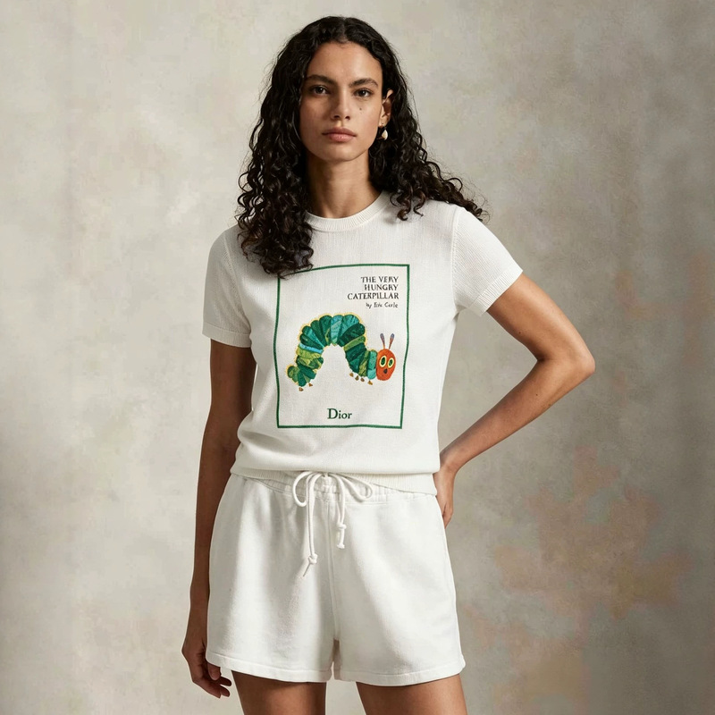 European and American cross-border 2026 summer style caterpillar embroidered round neck short-sleeve versatile loose slimming knitted T-shirt for women