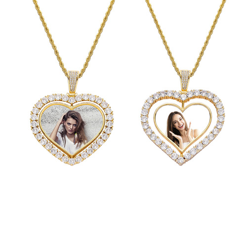 European and American Hip-Hop Heart Rotatable Photo Pendant Necklace for Men and Women, Personal Custom Made Frame Double-Sided Hip-Hop Necklace