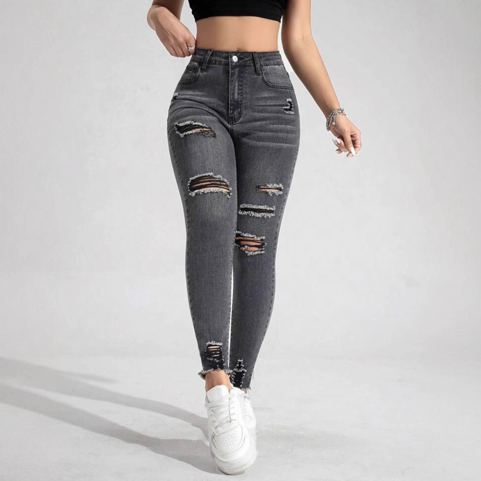 Jeans Ajustados para Mujer de Mezclilla de Algodón, Elástico, Cintura Alta, Roto