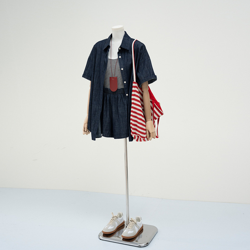 Hong Kong Style Retro Denim Shirt Shorts Suit Women's 2025 Summer New Style Small Casual Age-Reducing Two-Piece Set