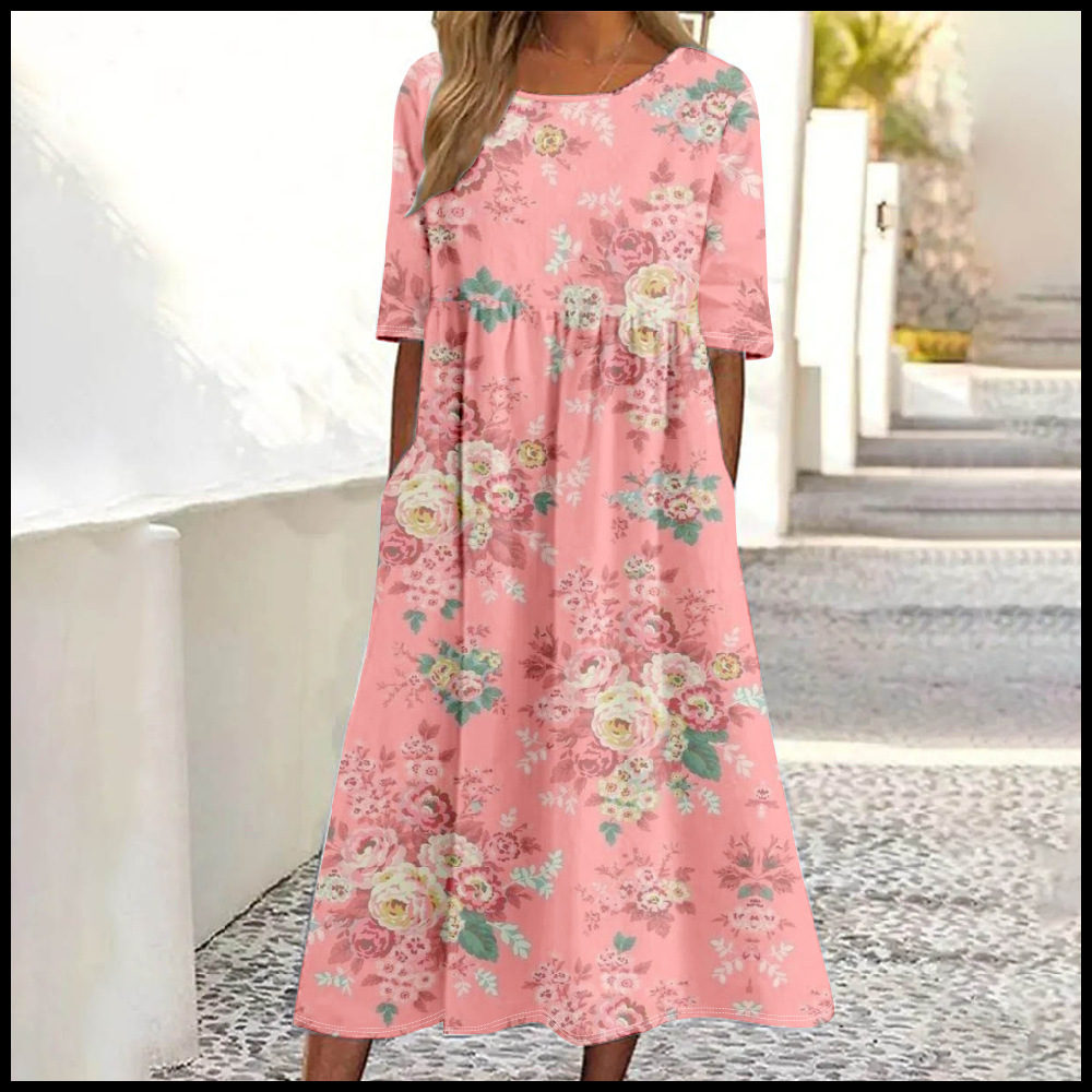 Women's Mid-Waist Summer Casual Round Neck Printed Flared Dress_ecoleips.com