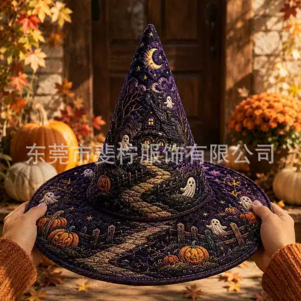 New cross-border holiday digital print + quilting craft Halloween art hat, quilted embroidered witch hat, magic hat