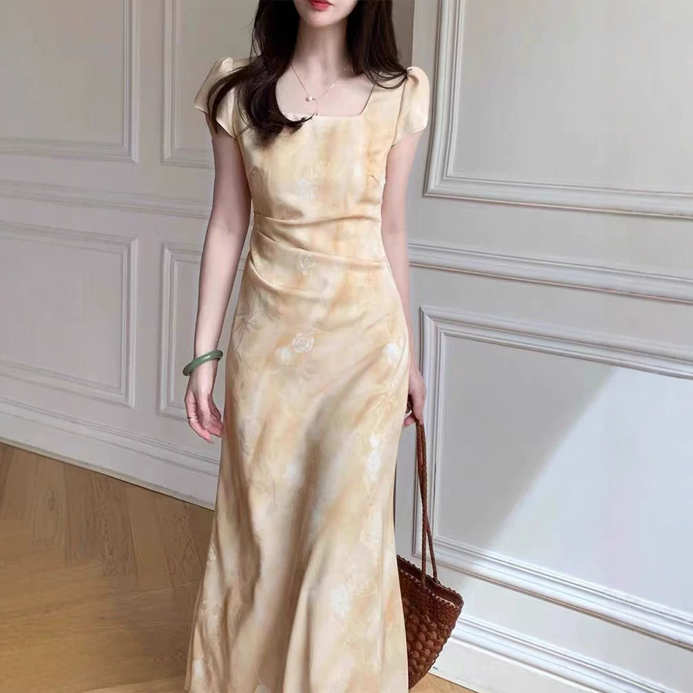 Đầm suông midi tay ngắn họa tiết chuyển màu vàng kiểu Pháp — Chuyển màu vàng chi tiết 4