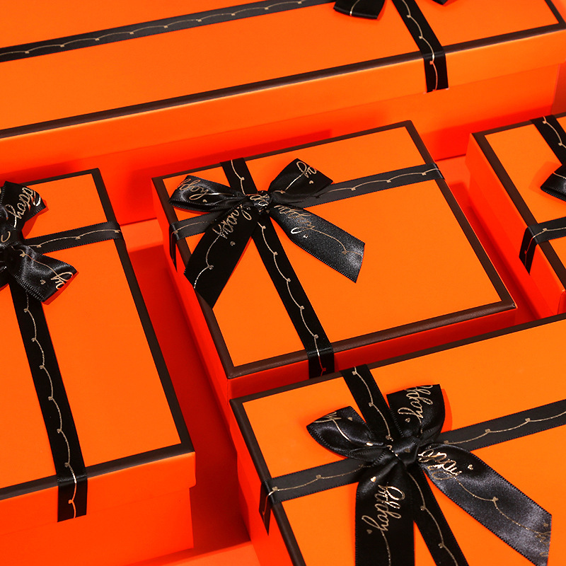 Ready-Made Birthday Gift Box, High-End Orange Gift Box, Empty Box with Bow, Lid and Base, Holiday Packaging Box
