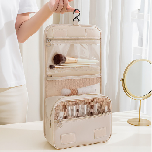 Portable and large-capacity travel toiletry bag with hanging design, skincare and makeup organizer, dry-wet separation foldable storage bag
