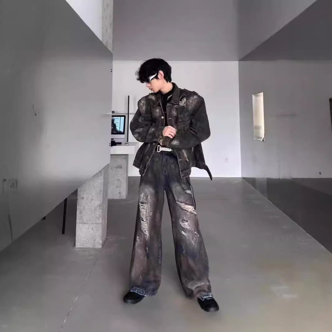 2024春装新款刷漆做旧牛仔夹克破洞牛仔长裤男士宽松套装美式复古