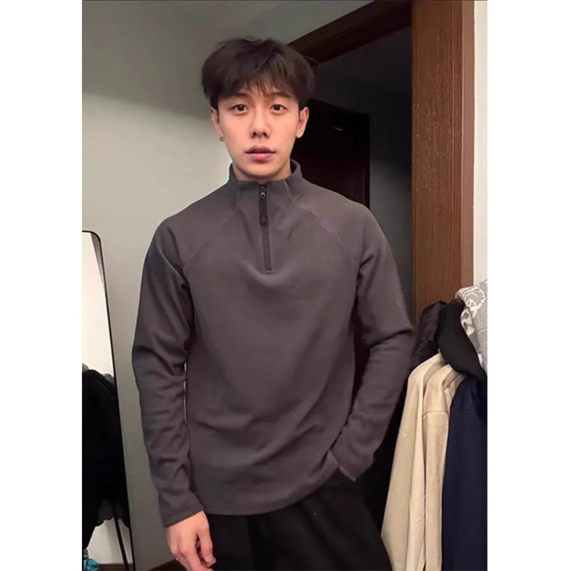 Solid Color Half Zipper Fleece Base Shirt Men's Autumn and Winter American Style Trendy Long-sleeved T-shirt for Fitness Training
