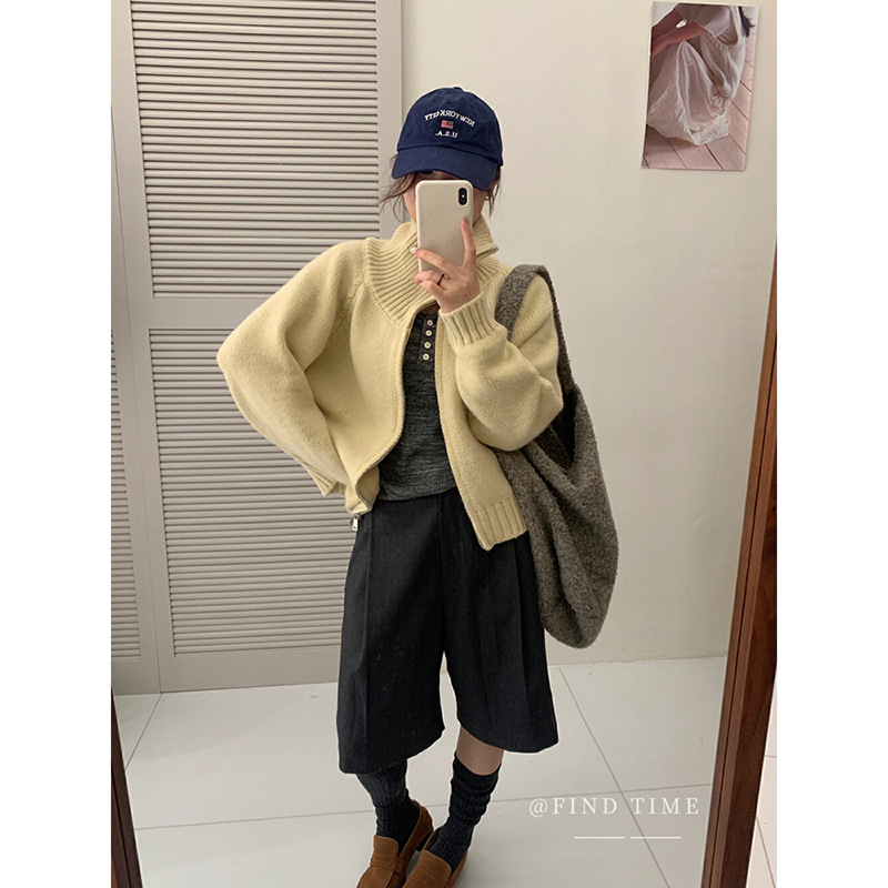 Korean High-Neck Zipper Lapel Knitted Cardigan for Women in Autumn and Winter New Style High-End Loose Lazy Style Sweater Jacket