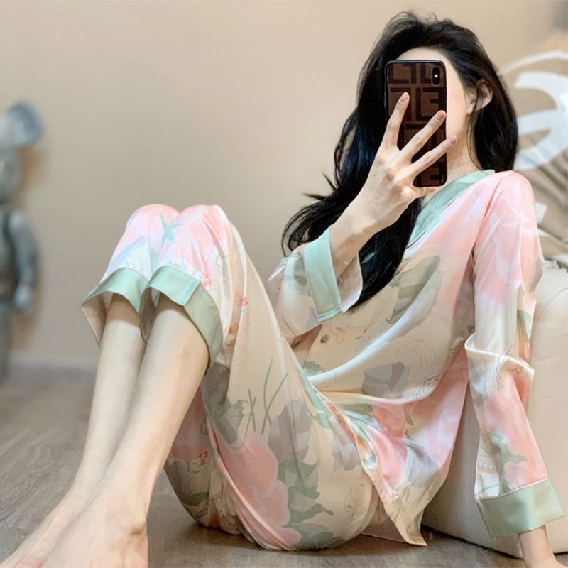 感绿色花卉印花冰丝睡衣女春秋季2025新款长袖套装丝绸家居服|undefined