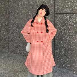 可爱学院风红色格纹毛呢外套女2025新款秋冬中长款娃娃领呢子大衣