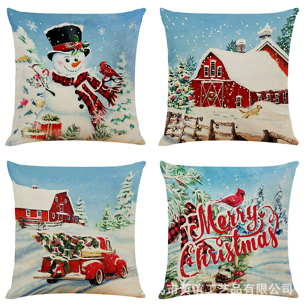 亚马逊 eBay 跨境热销新款圣诞节棉麻抱枕套圣诞老人雪人抱枕靠垫