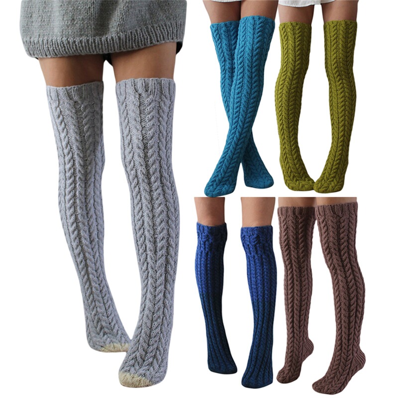 Amazon European and American Five-Color Twist Over-The-Knee Knitted Pile Socks for Women Pure Color Long Knitted Woolen Socks 2296