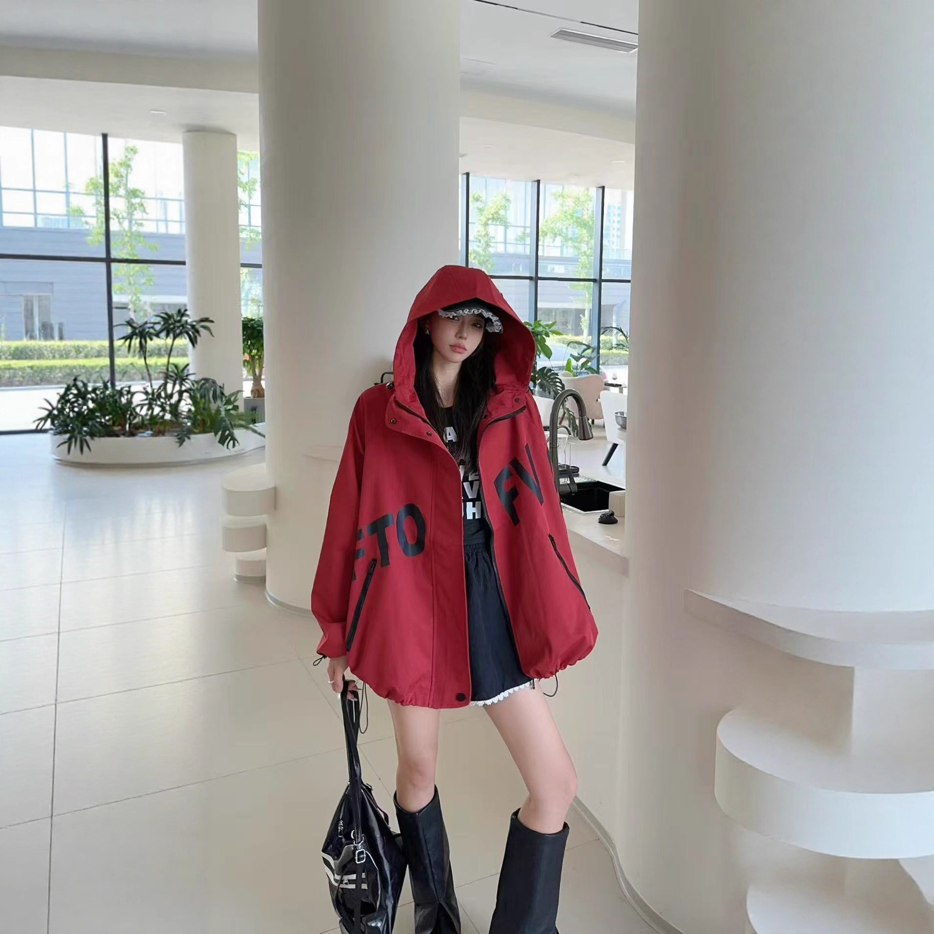 European Style Women's Jacket 2025 Autumn New Personalized Letter Print Loose Drawstring Mid-Length Trench Coat Trendy