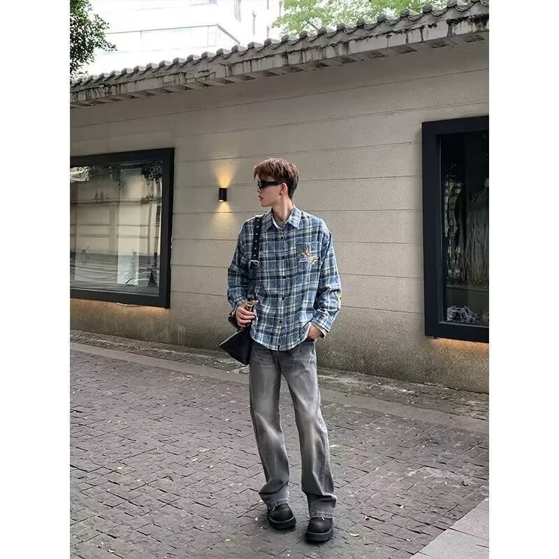 남성과 여성을 위한 미국 복고풍 자수 긴팔 셔츠, 2024 초가을 커플 자외선 차단 느슨한 셔츠 재킷 격자 무늬