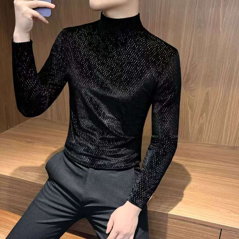 Autumn and Winter Gold Velvet Sweatshirt 2025 Popular Men's Long-Sleeved T-Shirt Half Turtleneck Trendyy Men's Silver Velvet Sweatshirt for Men