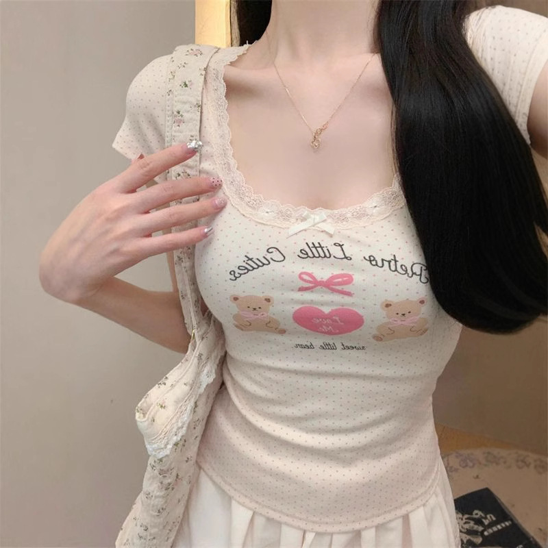 Dopamine Cute Printed Short-sleeved T-shirt Women's Summer Lace U-collar Sweet Spice Girl Sexy Slim-fit Tight Top Dopamine Cute Printed Short-sleeved T-shirt Women's Summer Lace U-collar Sweet Spice Girl Sexy Slim-fit Tight Top