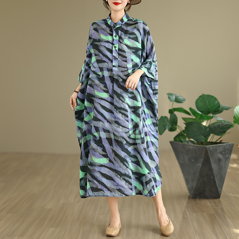 Autumn New Large-Size Foreign Trade Elegant Vintage Cotton-Linen Printed Stand-Collar Loose Long Vacation Dress