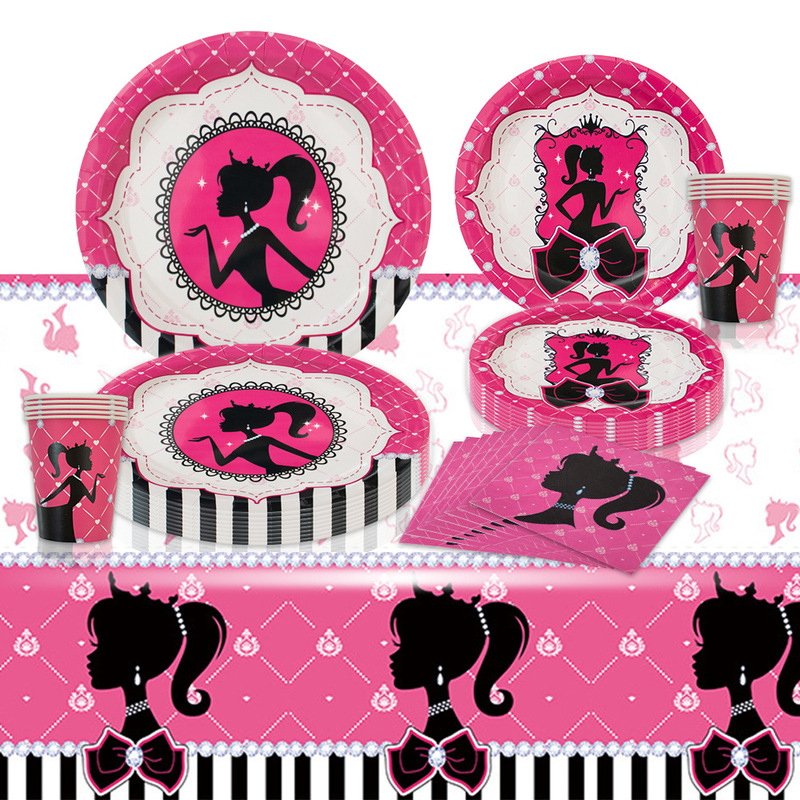 Barbie Pink Barbie Girls Theme Holiday Party Decorative Paper Tray Paper Cup Paper Towel Disposable Tableware Set