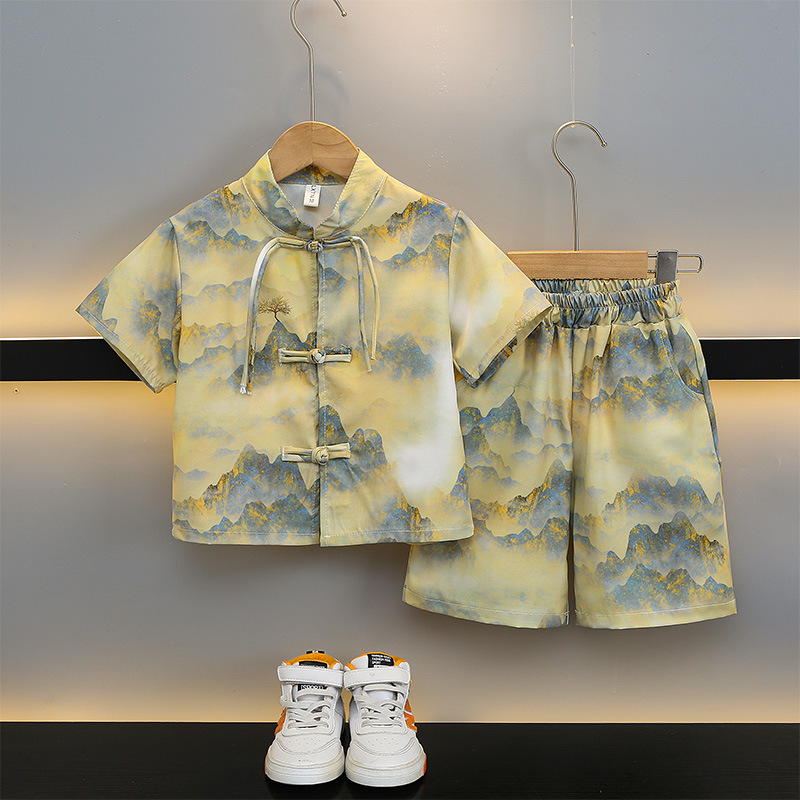 5005 nuevo traje de manga corta de verano para niños de estilo chino delgado 2025 nueva ropa para niños estilo de verano para bebés ropa de estilo nacional