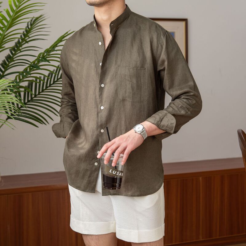 Commuting Casual Breathable Pure Linen Long-Sleeve Shirt Versatile Vacation Stand-Collar Shirt Men's Henley Collar Top Commuting Casual Breathable Pure Linen Long-Sleeve Shirt Versatile Vacation Stand-Collar Shirt Men's Henley Collar Top