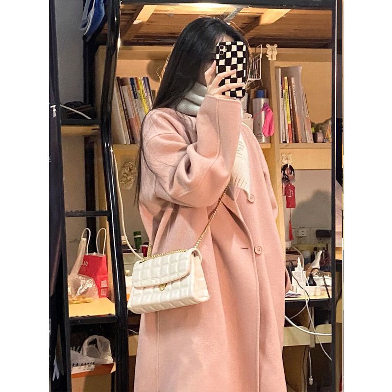 23 autumn and winter high-grade Korean-style gentle woolen overcoat mid-length pink cocoon-shaped off-shoulder cross-border overcoat