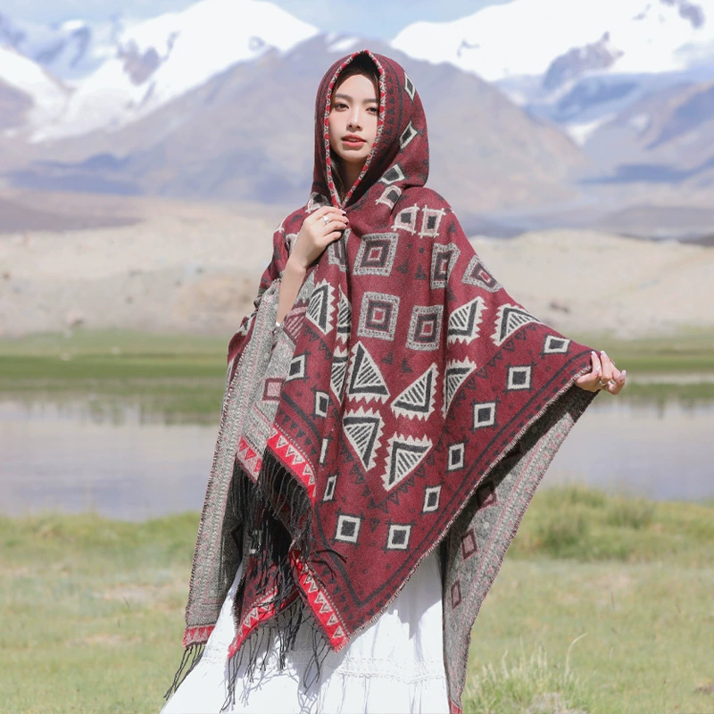 Ethnic knitted cloak from Qinghai province, keep warm trench coat, Korean style