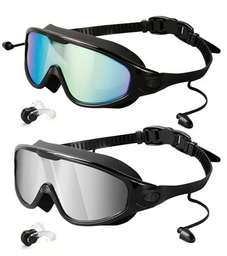 커플 스타일 일체형 귀마개 세트 - 고화질 대형 프레임 수영 고글 - 블랙 골드 도금 + 블랙 실버 도금