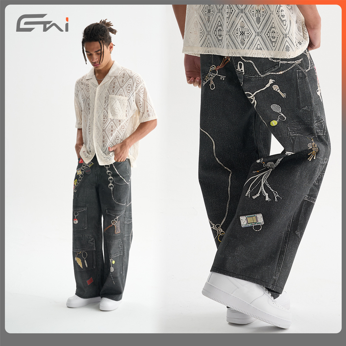 ETAI Hombre| Callejero unisex jeans casuales de alta calidad pesado pantalones de impresión de algodón image 3