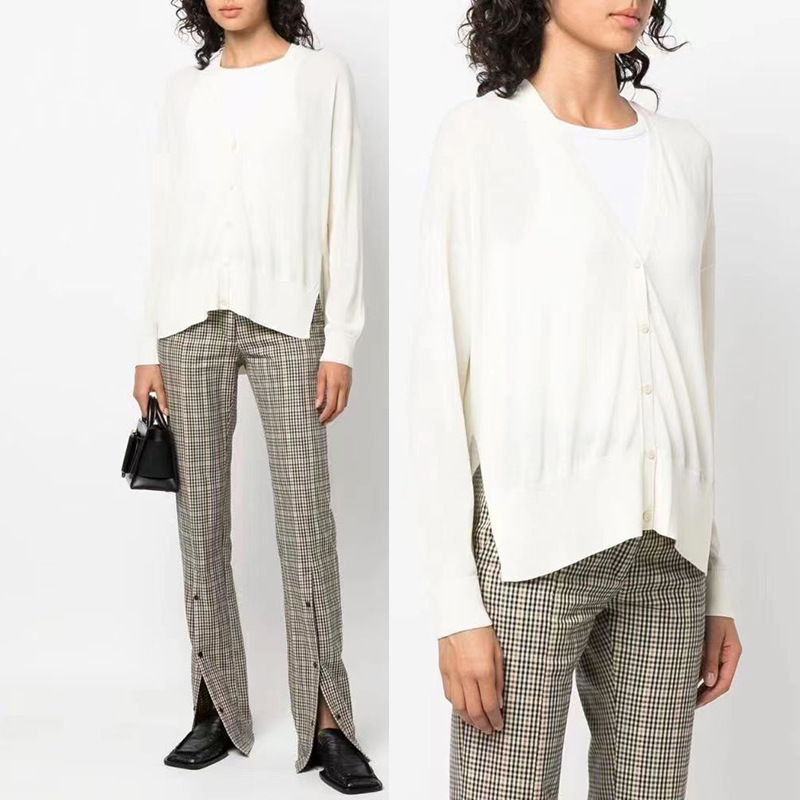 Clearance Sale ~ No Returns or Exchanges ~ Th Cashmere V-Neck Hem Cardigan Button White Knit Sweater for Women