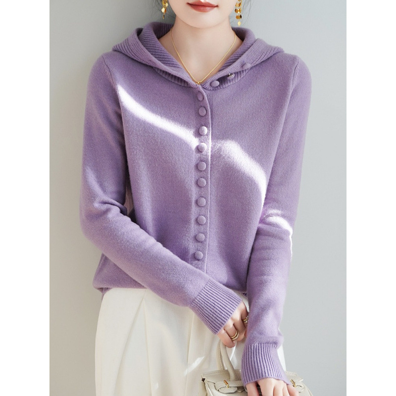 Hooded Worsted Wool Knitted Cardigan for Women, Pure Color, Loose Elegant, Casual, Simple and Versatile Bottoming Buttoned Hoodie