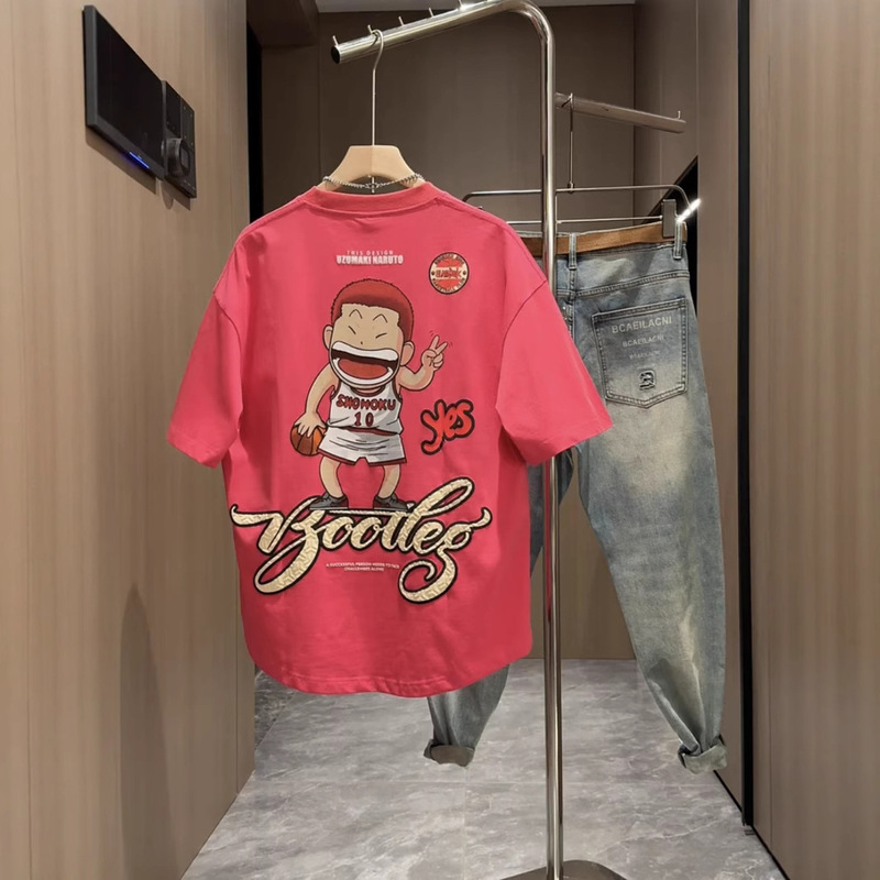 Summer New Curved Short-Sleeved T-Shirt Men's Slam Dunk Pattern Printing Youth Loose Trendy Street Tuxedo