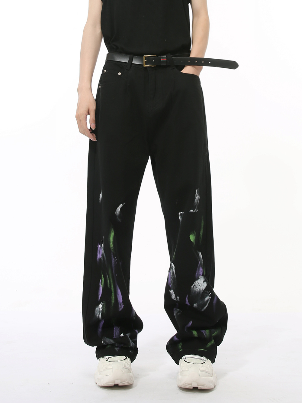 MTLCLOTHES Hombres| Nicho de otoño pintado graffiti color contraste sensación de diseño de algodón jeans de pierna ancha casuales