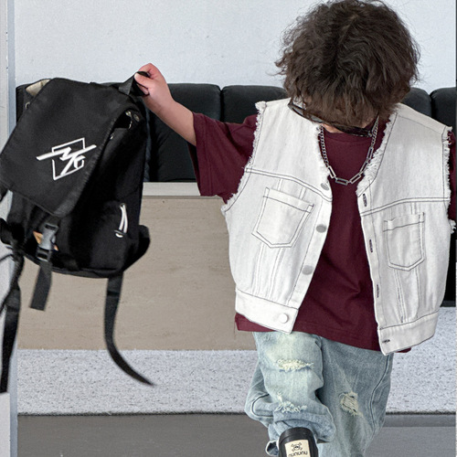 Children's vest 2024 spring new boy's plain stitch edge vest for middle children versatile solid color baby vest
