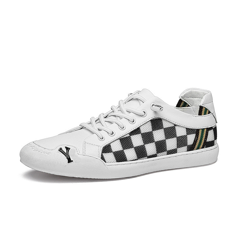 Fashionable Large-Size Leather Plaid Print Sneakers for Men, European Style White Shoes, British Trendy Casual Sports Shoes