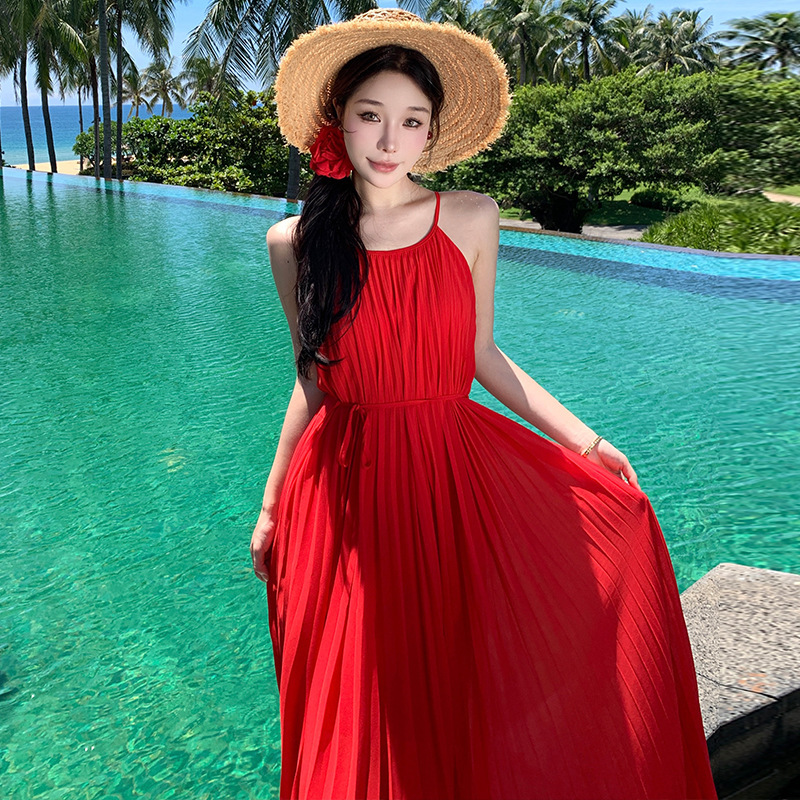 Beach Vacation Dress, Red Dopamine Spaghetti Strap Dress, Desert Photo Shoot, Flowing Long Dress, Red Dress, Picture Color