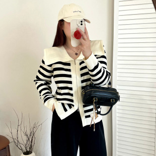 Plus Size Women's Clothing 2025 Autumn Navy Collar Outwear Top Fat Sister Stripesd Long-Sleeved Knitted Cardigan for Women 2165