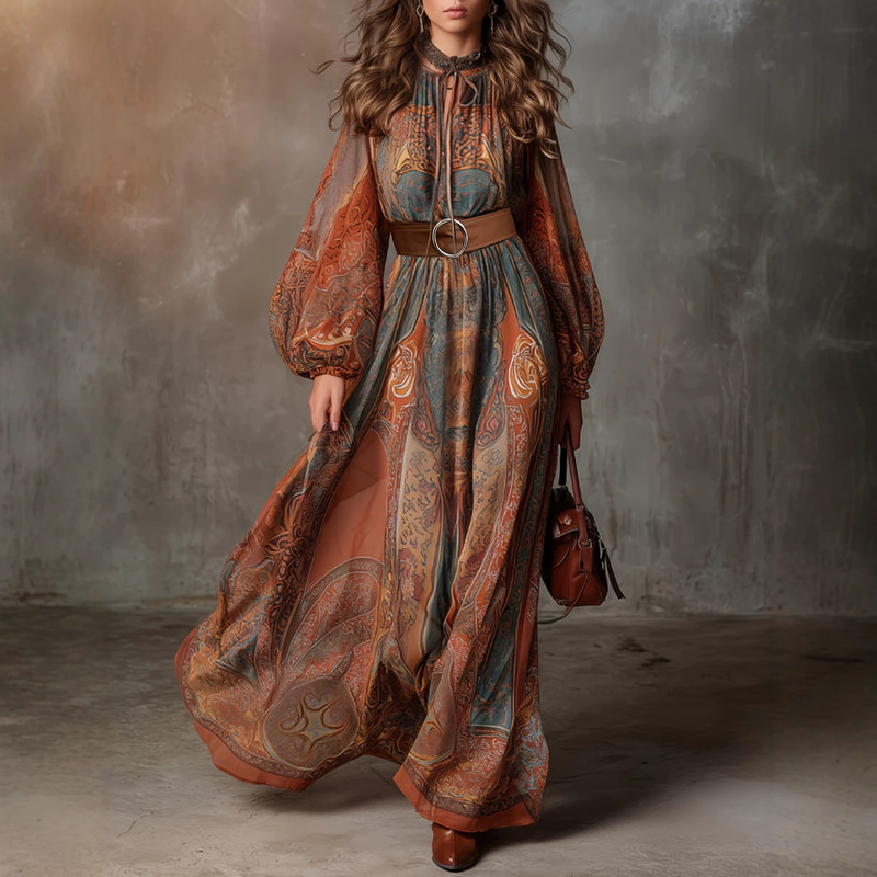 Elegant women's loose and flowy fashion print long dress with belt, stylish commuter lantern sleeve dress
