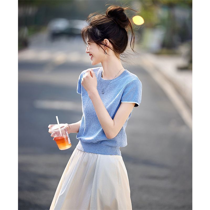 韓国通勤多用途カジュアルシンプル半袖セーター 2025 夏の新ニッチスリムラウンドネックトップ女性のための|undefined
