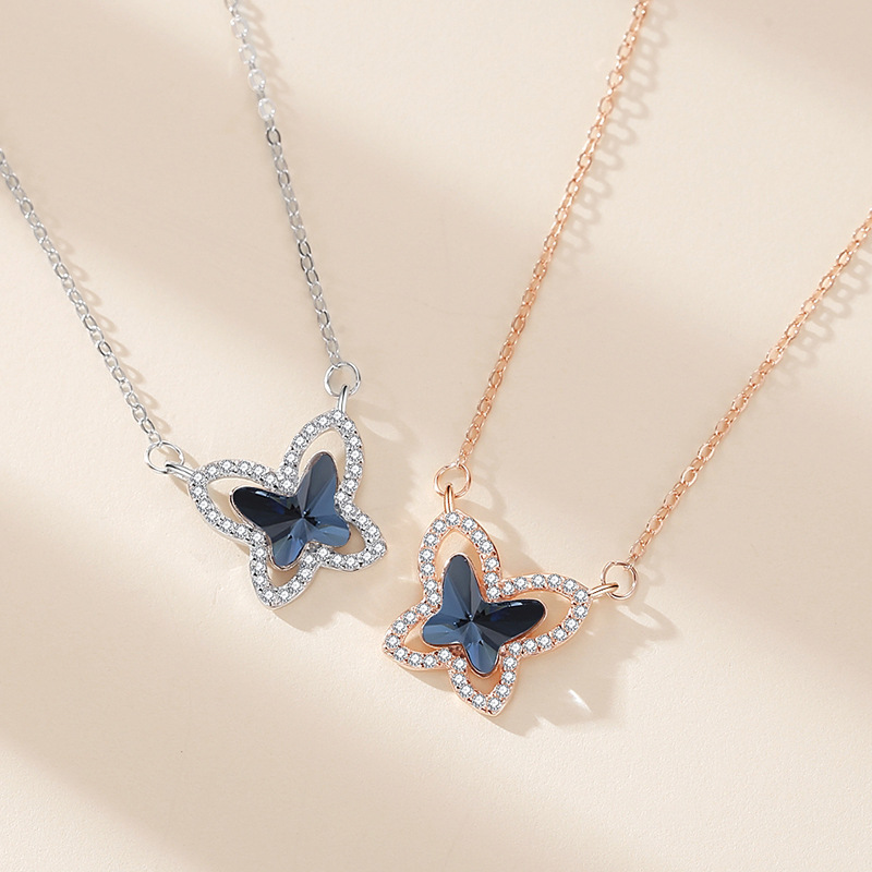 S925 Collar de plata esterlina Colgante de mariposa Cristal europeo y americano Cadena de clavícula simple y versátil Joyas de red para mujer