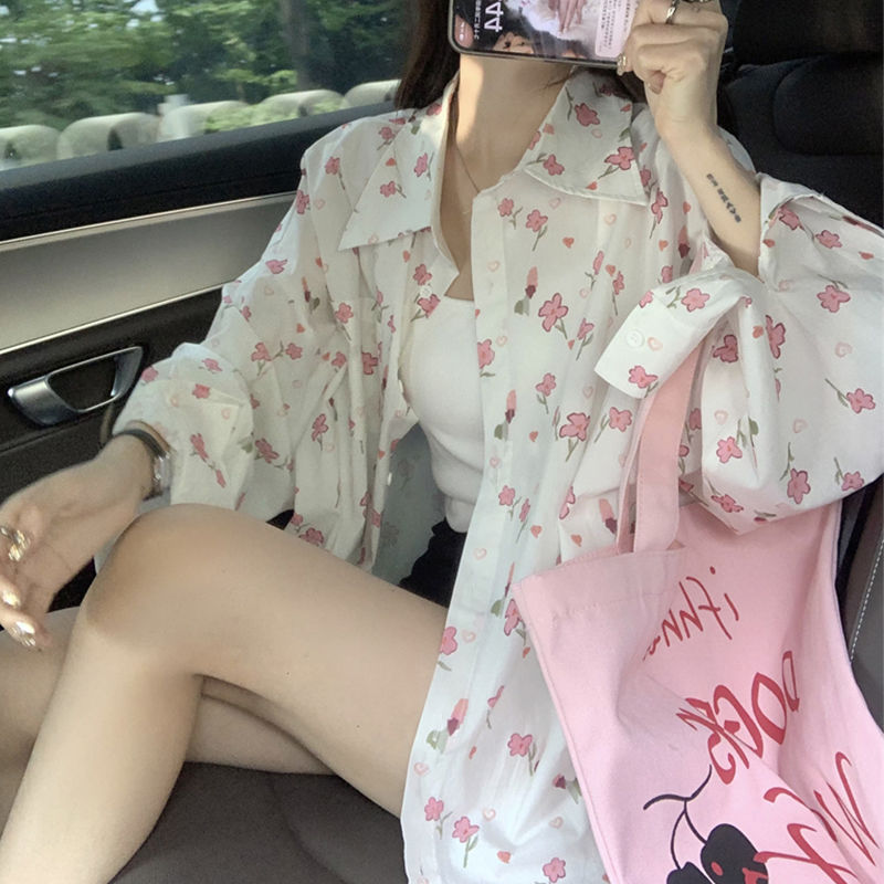 (2개) 신선한 스타일 빈티지 꽃 폴로 칼라 긴팔 셔츠 여름 느슨한 슬리밍 올 매치 얇은 외부 착용 여성을위한 태양 보호 의류