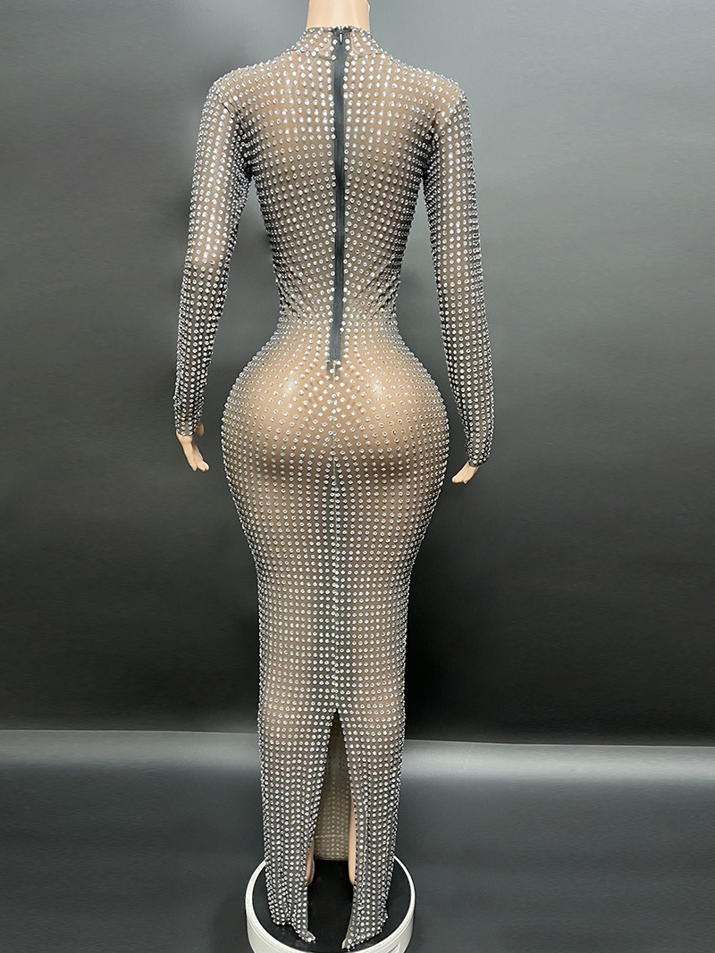 Vêtements pour femmes Novans Spring New Sparkling White Diamond Élégante fente dans le dos Longue longueur au sol Robe de soirée noire slim_voghion.com