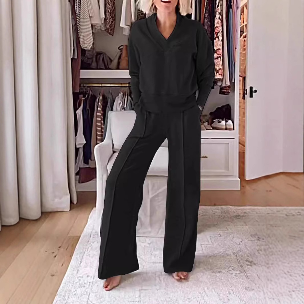 Dames tweedelige set in effen kleur, casual, met lange mouwen, comfortabel, geschikt voor thuis, veelzijdig, herfst, Europees-Amerikaanse stijl_voghion.com