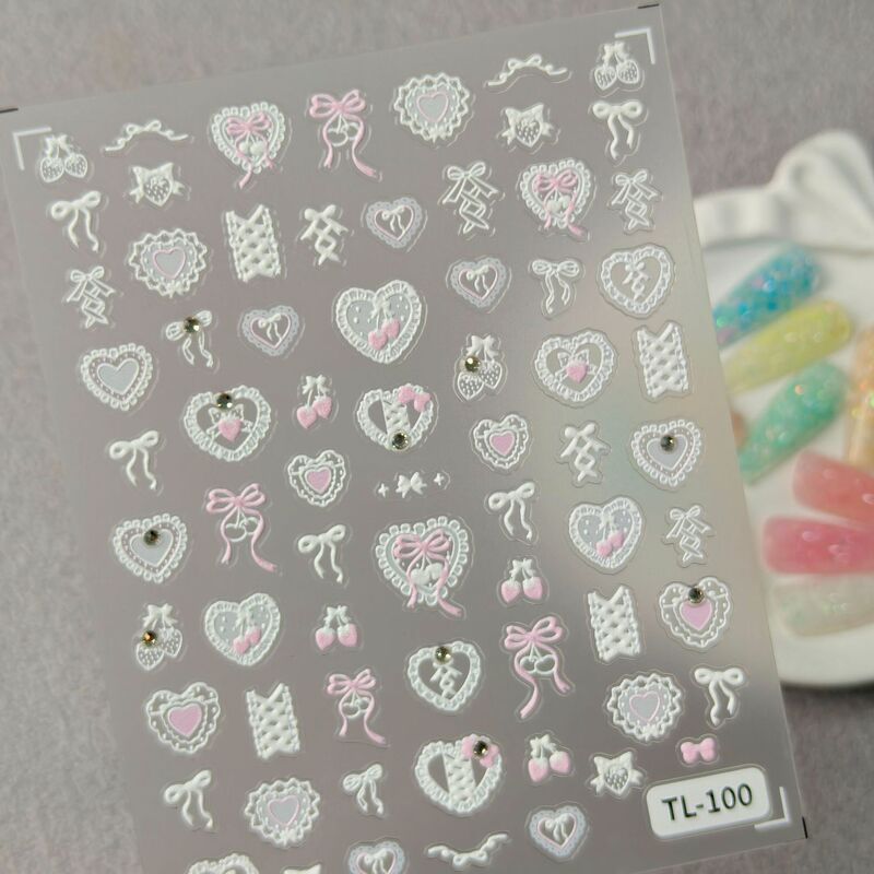 Cross-Border Crystal Lace Heart Nail Stickers 3D White Pearl Bow Embossed Nail Stickers Tl Style