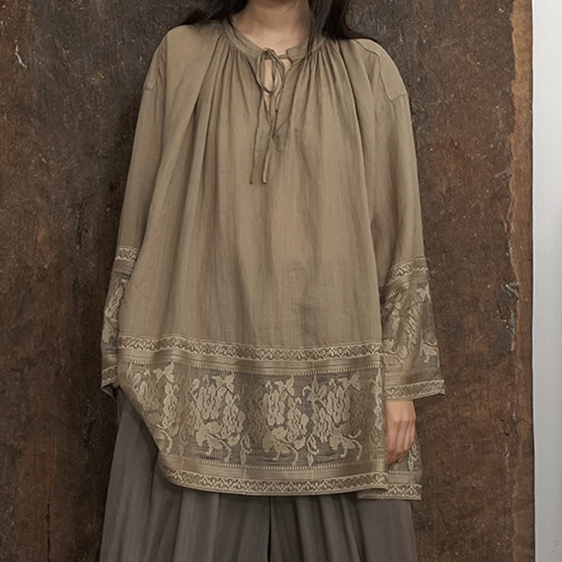 In stock: Ma Jian Hua Ying all-ramie homemade lace blouse with tie straps, small stand-up collar, loose-fitting Japanese-style top, elegant